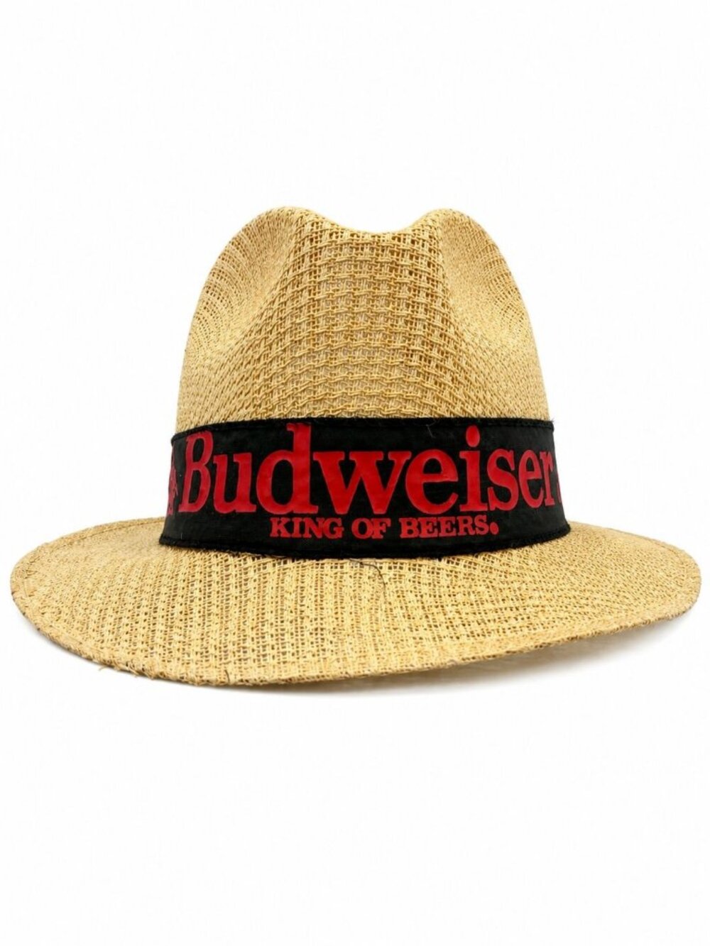 Budweiser Mens Straw Fedora Tan Woven Wide Brim Black Ribbon Red Logo Pre-Owned